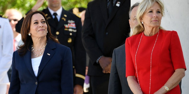 Vice President Kamala Harris and first lady Jill Biden listen as President Biden delivers an address at the 153rd National Memorial Day Observance at Arlington National Cemetery on Memorial Day in Arlington, Va., May 31, 2021.