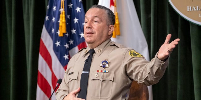 Los Angeles County Sheriff Alex Villanueva appears at a press conference.