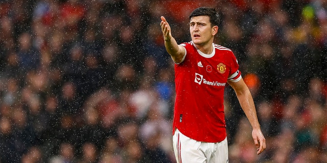 Harry Maguire of Manchester United during the Premier League match between Manchester United and Manchester City at Old Trafford on November 6, 2021 in Manchester, England. 