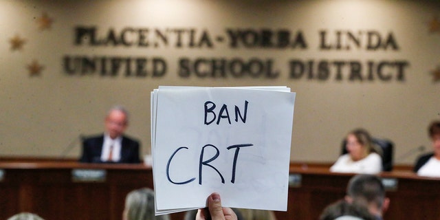The Placentia Yorba Linda School Board discusses a proposed resolution to ban teaching critical race theory in schools on Nov. 16, 2021, in Yorba Linda, California.