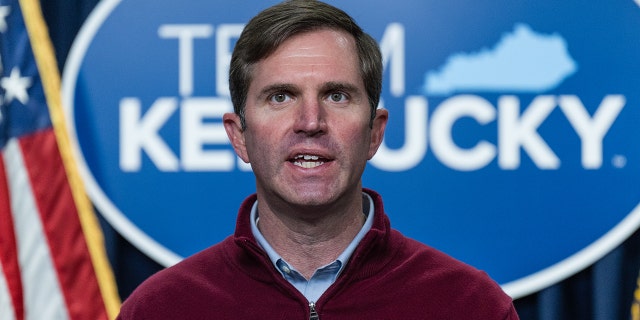 Kentucky Democratic Governor Andy Beshear speaks at a press conference in Frankfurt, Kentucky on Thursday, January 27, 2022.