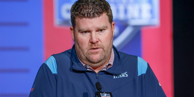 General manager, Jon Robinson of the Tennessee Titans speaks to reporters during the NFL Draft Combine at the Indiana Convention Center on March 2, 2022, in Indianapolis, Indiana.