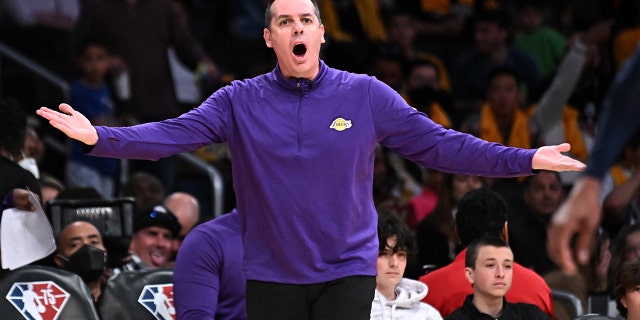 Los Angeles, California April 3, 2022- Lakers head coach Frank Vogel argues with a referee during a game with the Nuggets at Crypto.com Arena Sunday.