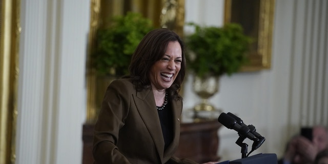 Amerikaanse. Vice President Kamala Harris during an event on the Affordable Care Act and lowering health care costs for families in the East Room of the White House in Washington, D.C., VS, op Dinsdag, April 5, 2022. President Biden announced additional actions to save families hundreds of dollars a month on their health care. Fotograaf: Al Drago/Bloomberg