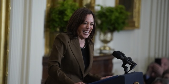 Amerikaanse. Vice President Kamala Harris during an event on the Affordable Care Act and lowering health care costs for families in the East Room of the White House in Washington, D.C., VS, op Dinsdag, April 5, 2022. President Biden announced additional actions to save families hundreds of dollars a month on their health care. Fotograaf: Al Drago/Bloomberg