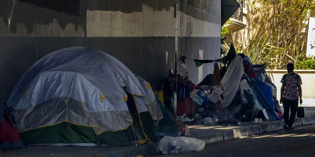 Los Angeles , CA - April 05: A homeless encampment blocks the sidewalk on Gower Street, under Hollywood freeway, on Tuesday, April 5, 2022 in Los Angeles , CA. 