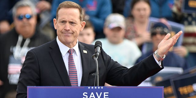 SELMA, USA - APRIL 9: Bo Hines speaks during former US President Donald Trump's rally sponsored by Save America with Ted Budd, Madison Cawthorn, Bo Hines, Dan Bishop, Mark Robinson and Greg Murphy in Selma, NC, on April 9, 2022.