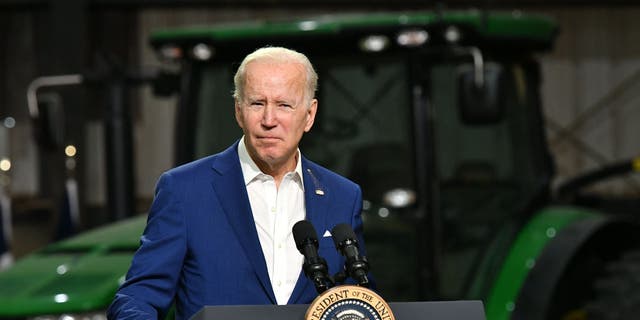President Joe Biden announces steps to ease rising consumer prices at POET Bioprocessing in Menlo, Iowa on April 12, 2022.