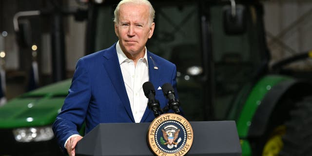 President Joe Biden announces steps to ease rising consumer prices at POET Bioprocessing in Menlo, Iowa on April 12, 2022.