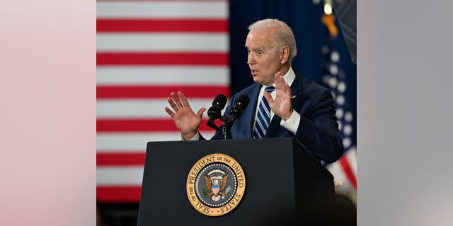 GREENSBORO, USA - APRIL 14: US President Joe Biden delivering remarks on his Administrationâs efforts to make more in America, rebuild our supply chains here at home, and bring down costs for the American people as part of Building a Better America in Greensboro, NC, on April 14, 2022. (Photo by Peter Zay/Anadolu Agency via Getty Images)