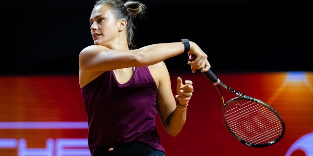 Aryna Sabalenka of Belarus during practice ahead of the Porsche Tennis Grand Prix Stuttgart 2022 at Porsche Arena on April 16, 2022, in Stuttgart, Germany.