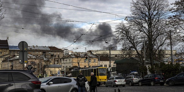 LVIV, UKRAINE - APRIL 18: Smoke rises after five aimed missile strikes hit Lviv, Ukraine on April 18, 2022.