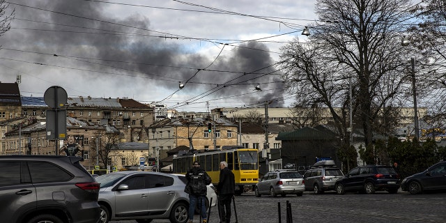 Smoke rises after five missile strikes hit Lviv, Ukraine on Monday. (Photo by Ozge Elif Kizil/Anadolu Agency via Getty Images)