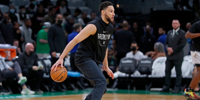 The Brooklyn Nets' Ben Simmons works out before playoff game one against the Boston Celtics at the TD Garden in Boston on April 17, 2022.