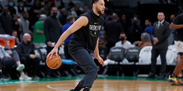 The Brooklyn Nets' Ben Simmons works out before playoff game one against the Boston Celtics at the TD Garden in Boston on April 17, 2022.