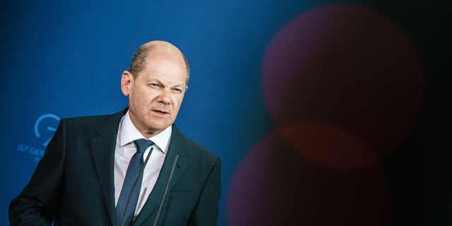 Olaf Scholz, chancellor of Germany, issues a statement following a virtual meeting with world leaders at the Chancellery April 19, 2022, in Berlin, Germany.