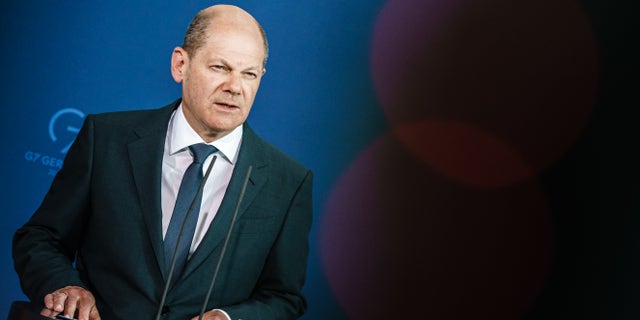 Olaf Scholz, chancellor of Germany, issues a statement following a virtual meeting with world leaders at the Chancellery April 19, 2022, in Berlin, Germany.