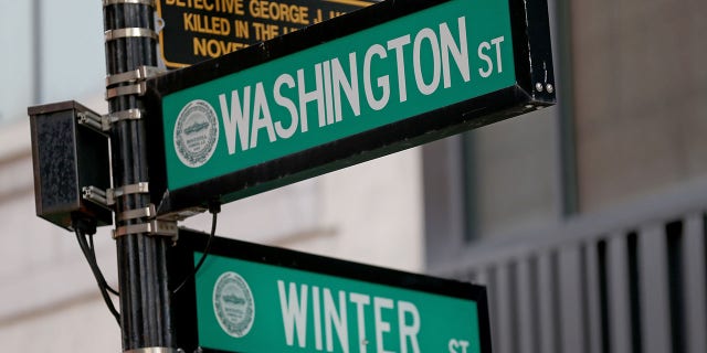 Washington and Winter Streets in Downtown Crossing on April 19, 2022, in Boston, Massachusetts.