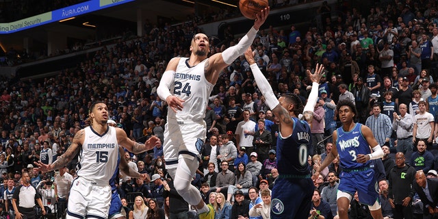Dillon Brooks #24 of the Memphis Grizzlies drives to the basket against the Minnesota Timberwolves during Round 1 Game 3 of the 2022 NBA Playoffs on April 21, 2022 at Target Center in Minneapolis, Minnesota. 