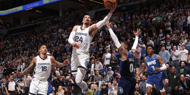 Dillon Brooks #24 of the Memphis Grizzlies drives to the basket against the Minnesota Timberwolves during Round 1 Game 3 of the 2022 NBA Playoffs on April 21, 2022 at Target Center in Minneapolis, Minnesota.