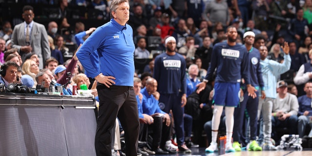 Head Coach Chris Finch of the Minnesota Timberwolves looks on during Round 1 Game 3 of the 2022 NBA Playoffs on April 21, 2022 at Target Center in Minneapolis, Minnesota.