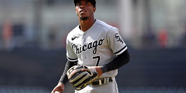 Tim Anderson # 7 of the Chicago White Sox runs off the field after the fourth inning of Game 1 in a doubleheader against the Cleveland Guardians at Progressive Field on April 20, 2022 in Cleveland, Ohio. 