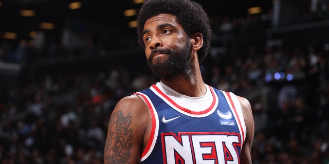 Kyrie Irving #11 of the Brooklyn Nets looks on during Round 1 Game 4 of the 2022 NBA Playoffs on April 25, 2022 at Barclays Center in Brooklyn, New York. 