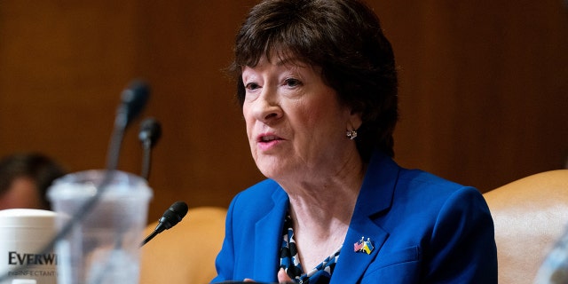Sen. Susan Collins, R-Maine, questions Attorney General Merrick Garland during a Senate Appropriations Subcommittee on Commerce, Justice, Science, and Related Agencies hearing to discuss the fiscal year 2023 budget of the Department of Justice at the Capitol in Washington, DC, on April 26, 2022.