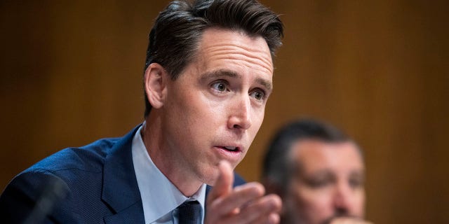 Sen. Josh Hawley asks questions during a Senate Judiciary Committee confirmation hearing Wednesday, April 27, 2022.