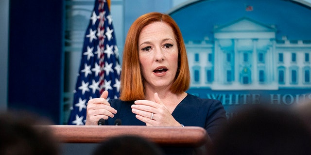 WASHINGTON, DC - APRIL 29: White House Press Secretary Jen Psaki speaks at a daily press conference in the James Brady Press Briefing Room of the White House on April 29, 2022 in Washington, DC. During the briefing Psaki took questions on the war in Ukraine and gas prices. (Photo by Sarah Silbiger/Getty Images)