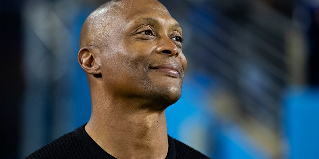 Former running back Eddie George of the Tennessee Titans watching the game from the sidelines during a game against the Buffalo Bills at Nissan Stadium on October 18, 2021 in Nashville, Tennessee. The Titans defeated the Bills 34-31.