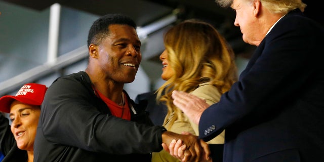 ATLANTA, GEORGIA - OCTOBER 30: Former football player and political candidate Herschel Walker interacts with former President of the United States Donald Trump prior to Game Four of the World Series between the Houston Astros and the Atlanta Braves Truist Park on October 30, 2021 in Atlanta, Georgia.
