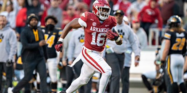 Treylon Burks #16 of the Arkansas Razorbacks catches a pass for a touchdown during a game against the Missouri Tigers at Donald W. Reynolds Razorback Stadium on November 26, 2021 in Fayetteville, Arkansas. The Razorbacks defeated the Tigers 34-17.
