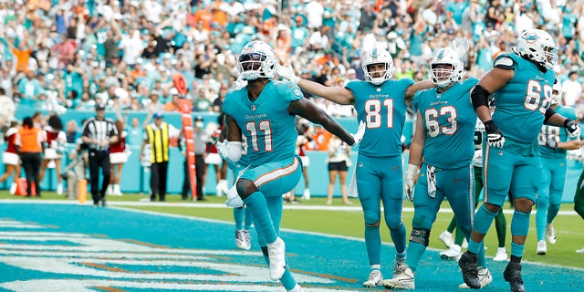 DeVante Parker #11 of the Miami Dolphins celebrates his fourth quarter receiving touchdown against the New York Jets at Hard Rock Stadium on December 19, 2021 in Miami Gardens, Florida.