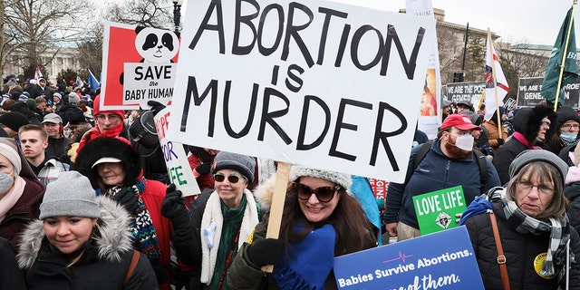 Anti-abortion activists take part in the 49th annual March for Life as they march past the United States Supreme Court on January 21, 2022 in Washington, DC.  The rally draws activists from across the country calling on the U.S. Supreme Court to overturn Roe v.  Wade who legalized abortion nationwide.