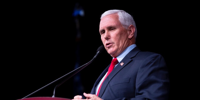 STANFORD, CA - FEB. 17: Former Vice President Mike Pence speaks at Stanford University's Dinkelspiel Auditorium, Thursday, Feb. 17, 2022, in Stanford, Calif. The Stanford College Republicans hosted the former vice president in an event titled 