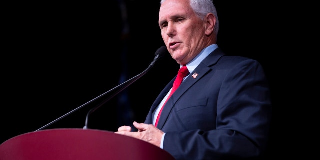 STANFORD, CA - FEB. 17: Former Vice President Mike Pence speaks at Stanford University's Dinkelspiel Auditorium, Thursday, Feb. 17, 2022, in Stanford, Calif. The Stanford College Republicans hosted the former vice president in an event titled 