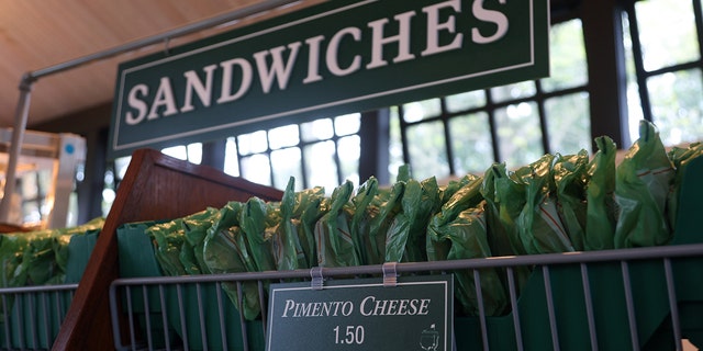 Pimento cheese sandwiches are offered for sale during a practice round prior to The Masters at Augusta National Golf Club on April 6, 2022, in Augusta.