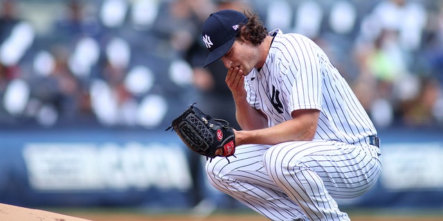 Gerrit Cole no.  45 of the New York Yankees reacts in the first inning against the Boston Red Sox at Yankee Stadium on April 8, 2022 in New York City. 