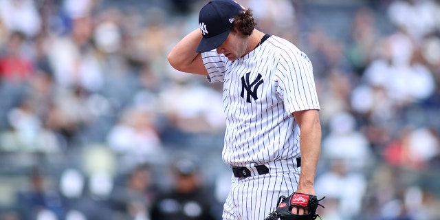 Gerrit Cole #45 of the New York Yankees reacts in the first inning against the Boston Red Sox at Yankee Stadium on April 8, 2022 in New York City.
