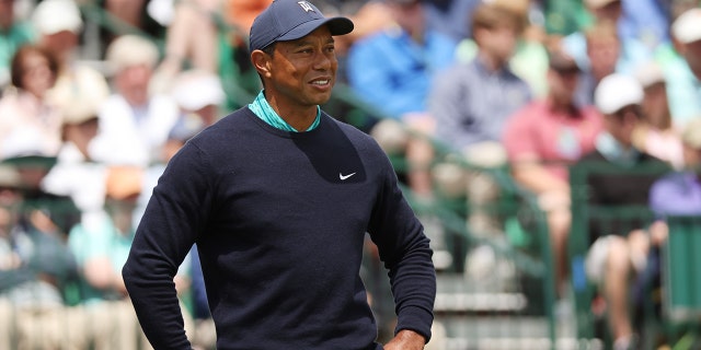 Tiger Woods looks on from the second tee during the second round of The Masters at Augusta National Golf Club on April 08, 2022 in Augusta, Georgia.