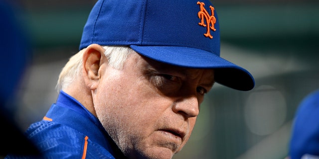 Manager Buck Showalter of the New York Mets watches a game against the Washington Nationals at Nationals Park April 9, 2022, in Washington, D.C.