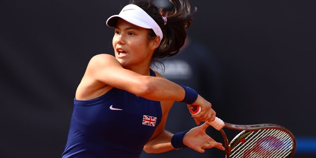 Emma Raducanu plays a forehand shot against Tereza Martincova during a Billie Jean King Cup playoff match between the Czech Republic and Great Britain at the Tennis Club 1.