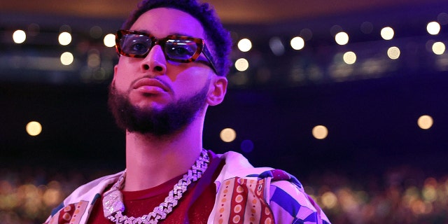 Ben Simmons of the Brooklyn Nets stands for the singing of the national anthem during playoff game two against the Celtics at TD Garden on April 20, 2022, in Boston.