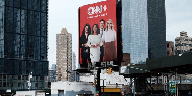 NEW YORK, NEW YORK - APRIL 21: An advertisement for CNN+ is displayed in Manhattan on April 21, 2022 in New York City. Only three weeks after its launch, CNN has announced that it's new streaming service is already planning to shut down. CNN+ had attracted well known names in media and entertainment to its line-up, which looked to compete with other streaming services and to appeal to a younger audience. 