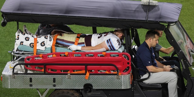 Joey Magnifico #86 of Michigan Panthers is taken off the field with an injury in the second quarter of the game against the New Jersey Generals at Protective Stadium on April 22, 2022 in Birmingham, Alabama. 