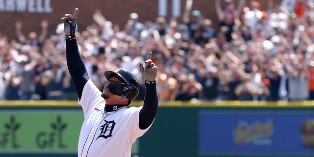 Miguel Cabrera of the Detroit Tigers celebrates after hitting a single, the 3000th hit of his career, during the first inning in Game 1 of a doubleheader against the Colorado Rockies at Comerica Park April 23, 2022, in Detroit. 