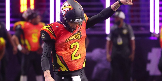 Johnny Manziel #2 of Zappers reacts after a play in the second half against the Glacier Boyz during Fan Controlled Football Season v2.0 - Week Two on April 23, 2022 in Atlanta, Georgia.