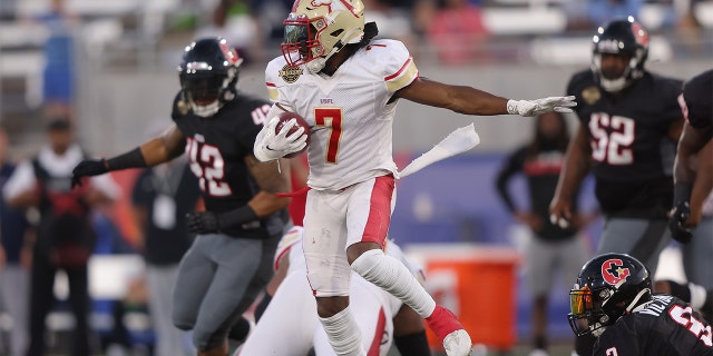 Victor Bolden Jr. of the Birmingham Stallions runs against the Houston Gamblers at Protective Stadium on April 23, 2022, in Birmingham, Alabama.