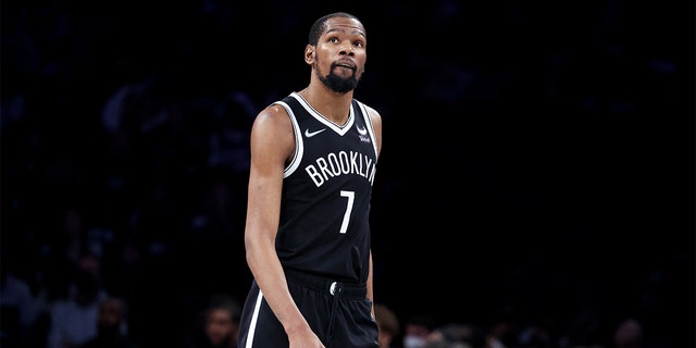 Kevin Durant of the Brooklyn Nets vs. the Boston Celtics during Game 3 of the first round of the NBA Playoffs at the Barclays Center on April 23, 2022 in New York.  